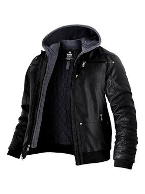 Men's Black-Thick Winter Coat Faux Leather Spring Jacket with Removable Hood